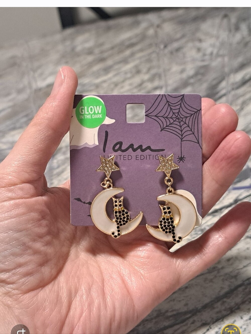 I Am Limited Edition Glow-in-the-Dark Moon & Cat Drop Earrings - White and Gold